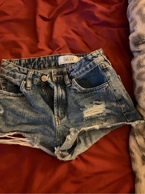 Chelsea High-Rise Distressed Blue Jean Shorts
